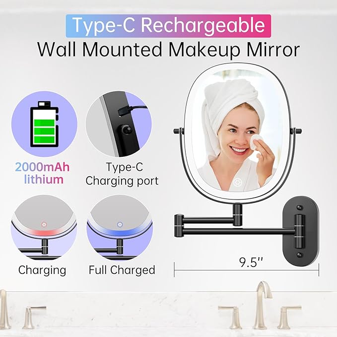 FUNTOUCH Rechargeable Wall Mounted Lighted Makeup Vanity Mirror, Double Sided 1X/7X Magnification, 3 Dimmable Light Settings, Extension Arm, Oval Frame, Ideal for Makeup