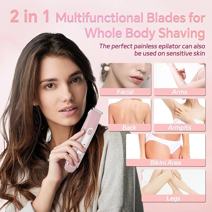 RUIM 2-in-1 Bikini Trimmer for Women, Dual Head Electric Razors, IPX6 Waterproof Women Electric Shaver, Painless Body Facial Hair Removal, Pink