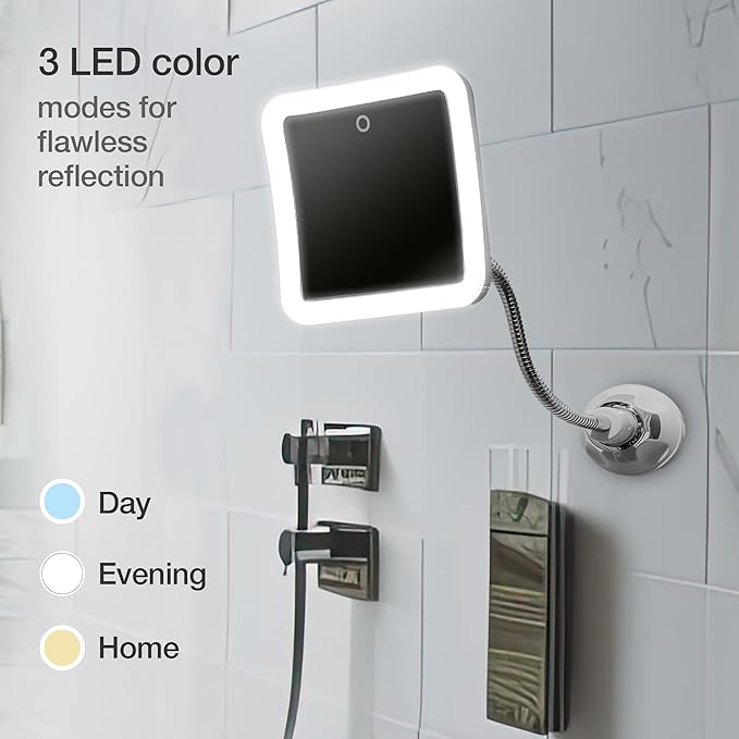 Fancii 10x Flexible Magnifying Mirror with 3 LED Light Settings, Rechargeable - Gooseneck Lighted Makeup Mirror for Bathroom, Locking Suction Mount, Cordless, 360° Rotatable (Mira 2 Plus)