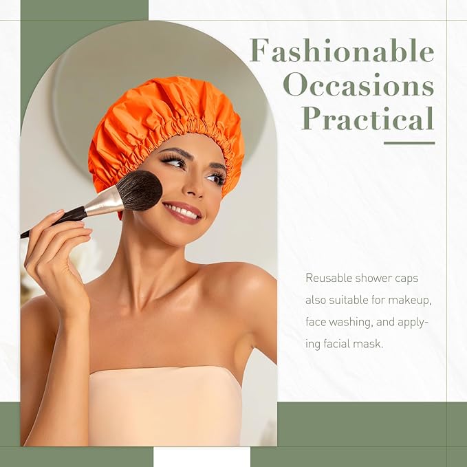 Reusable Shower Cap for Women, Large Waterproof Shower Essentials Bonnet Washable Elastic Band Bath Hair Wrap Hat for Long Hair, Braids(Orange)