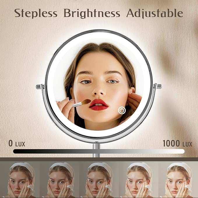 Ysenchan Lighted Makeup Mirror, 8'' Rechargable LED Vanity Magnifying Mirror, Double Sided 5X Manification Mirror with Stand, Cosmetic Standing Desk Mirror