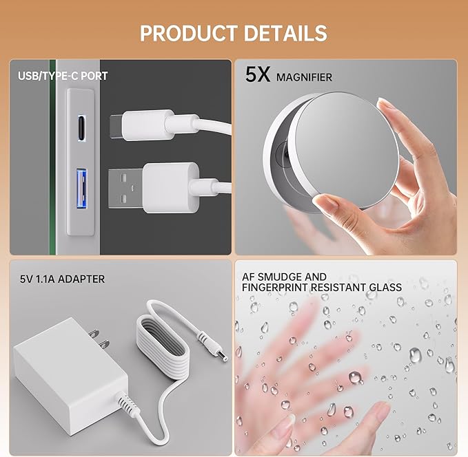 Hasipu Hollywood Vanity Mirror with Lights and Bluetooth Speaker, 32" x 22" Makeup Mirror with 15 Dimmable LED Bulbs 3 Color Modes, 5X Magnifying Glass, Touch Control, USB and Type-C, Tempered Glass