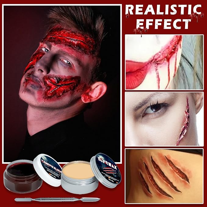 Scar Wax and Fake Blood Gel Set Scar Wax Kit with Spatula for Wound Modeling Skin Wax Fake Nose SFX Zombie Vampire Cosplay Makeup Halloween Special Effects Makeup