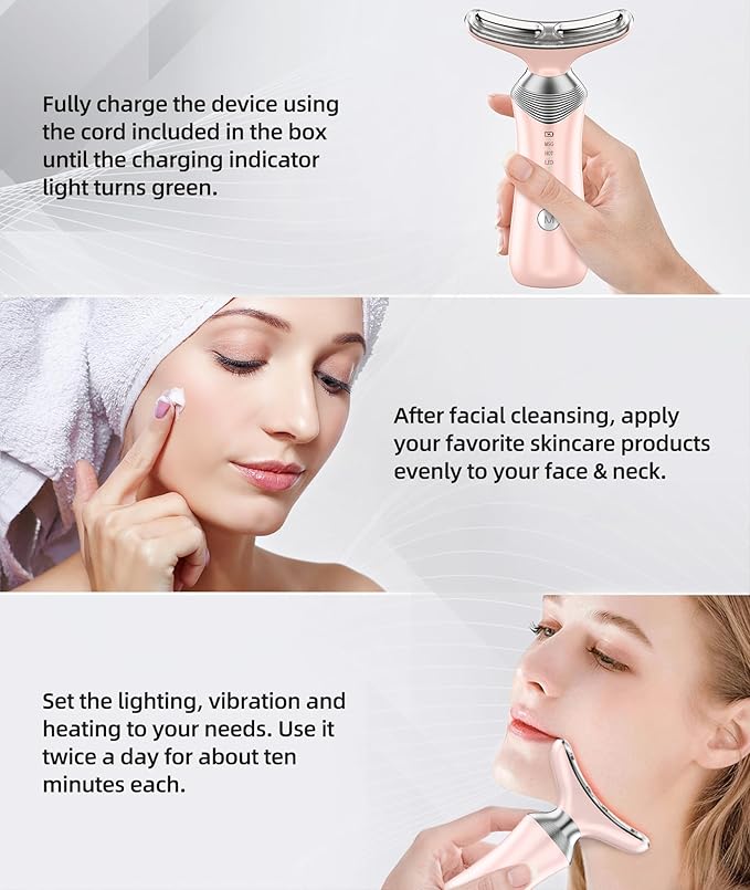 9-in-1 Red-Light-Therapy-for-Face-and-Neck, Portable Facial Massager Tool with Adjustable Vibration & Thermals for Wrinkles, Double Chin, Pink