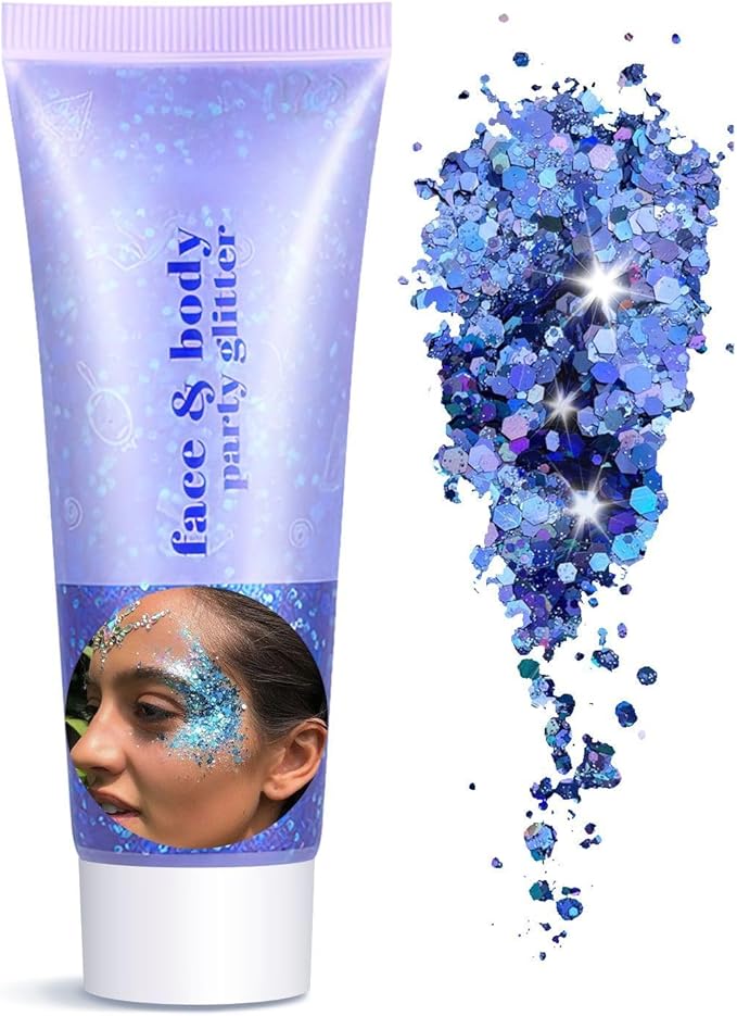 Body Face Glitter Makeup for Kids Women, Sparkly Chunky Hair Glitter, Mermaid Birthday Decorations Rave Outfits for Women (Blue Body Glitter)