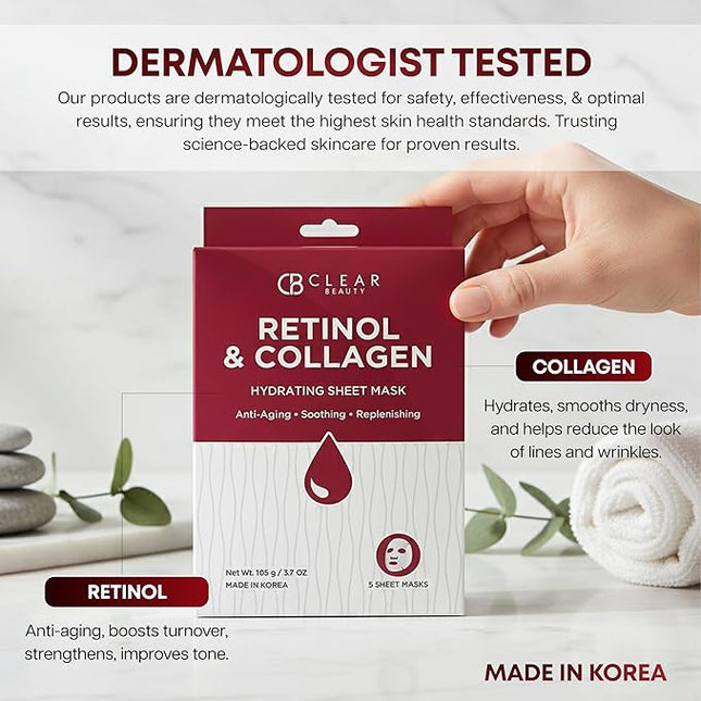 Clear Beauty Retinol & Collagen Face Mask – Firming & Hydrating – Reduces Fine Lines & Wrinkles – Korean Sheet Mask, Dermatologist Tested, Anti-Aging – Vegan, Clean Beauty, Cruelty-Free – 5 Count