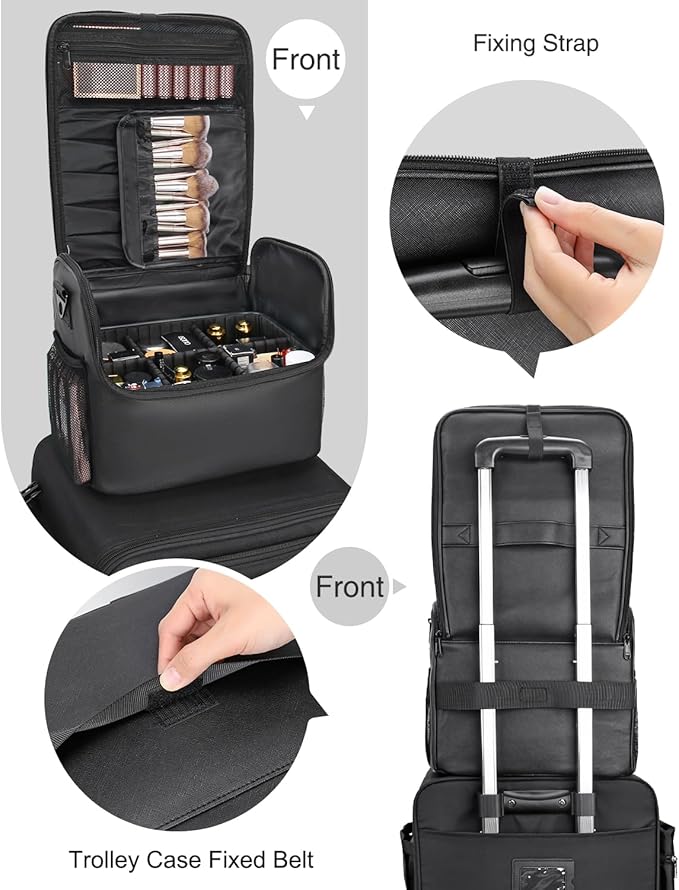 Travel Makeup Case with 4 Small Bag, Professional Makeup Artist Bag Tattoo Case PU Leather Makeup Organizer Box with Adjustable Dividers and Shoulder Strap (Medium, Black)