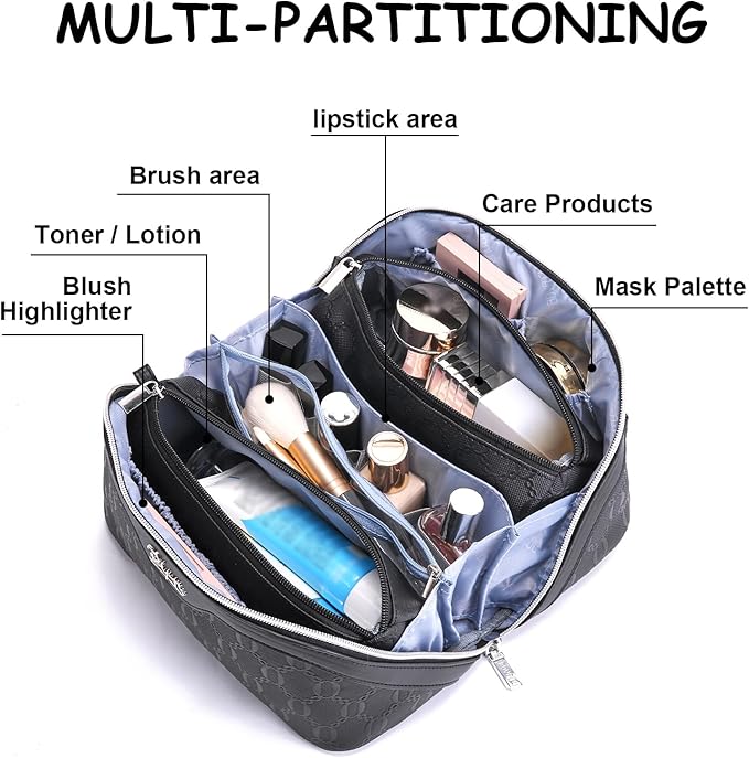 BOYATU Travel Makeup Bag for Women: Cosmetic Organizer Bag with Compartments - Leather Make up Bags Set of 3 (Black)