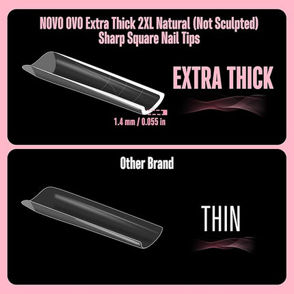 NOVO OVO XXL Sharp Square Natural (not Sculpted) Nail Tip, Extra Thick False Nails Press on, Full Cover Soft Gel Extension Fake Nail Acrylic kit with XL L M French Tip Auxiliary Line x 15 Size 180pcs