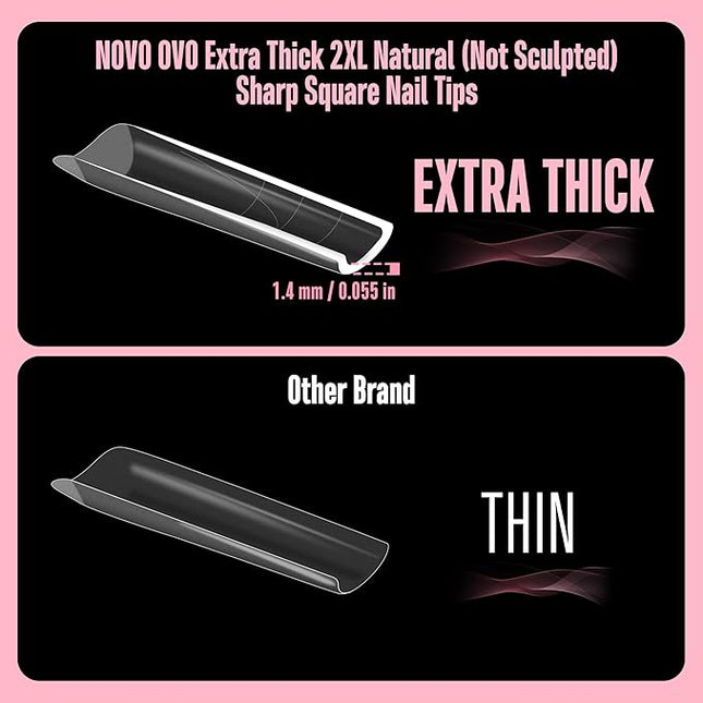 NOVO OVO XXL Sharp Square Natural (not Sculpted) Nail Tip, Extra Thick False Nails Press on, Full Cover Soft Gel Extension Fake Nail Acrylic kit with XL L M French Tip Auxiliary Line x 15 Size 180pcs