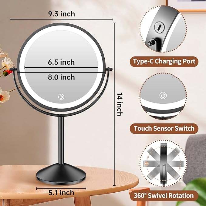 Benbilry 8 Inch Lighted Makeup Vanity Mirror with 3 Color Dimmable Lights, 1X/10X Magnifying Rechargeable Double Sided Light Up Cosmetic Mirror, 360° Swivel Cordless Standing, Black