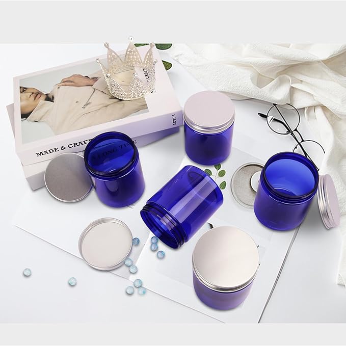 30 Packs 8 oz (250 ml) Blue Plastic Jars with Sliver Lids, Cosmetic Containers jars with Wide-Mouth for slime, beads, rhinestones, sequins Cosmetics, Lotion, Cream, Ointments and More