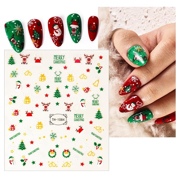 Melodysusie 5PCS Christmas Nail Art Stickers for Semi Cured Gel Nail Strips with3D Self-Adhesive Nail Decals Designs Nail Decorations DIY Manicure Supplies for Women Girls&Kids