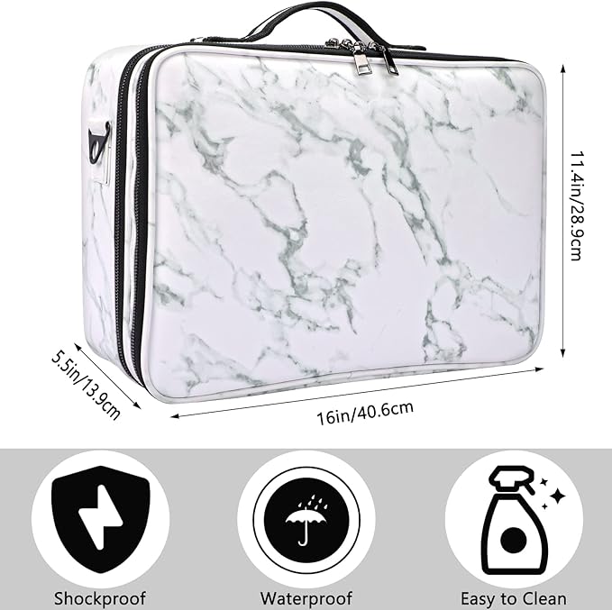 Travel Makeup Bag 3 Layers PU Leather Large Makeup Train Case Professional Cosmetic Bag Organizer Storage Artist Bag with Adjustable Strap Marble Pattern