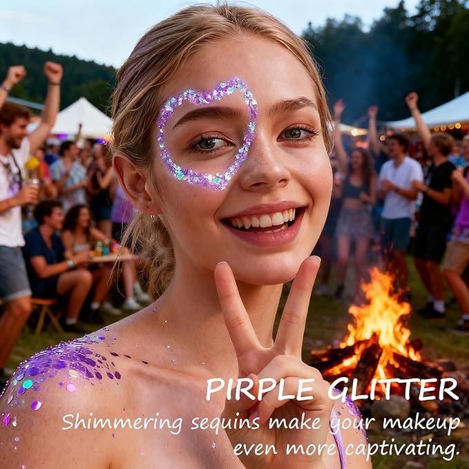 Face Body Glitter Set for Women and Kids, White Silver Purple Holographic Mermaid Sequins Chunky Glitter Makeup for Music Festival Rave Accessories, Christmas, Wedding, New Year, Prom