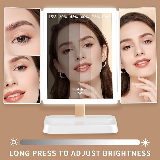 3- Folding Makeup Mirror, 76 LED Beads, 3 Adjustable Color Modes,Long Press The Touch Button to Adjust The brightness1%-100%, 1x / 2X / 3X Magnification，Rechargeable (Ivory White)