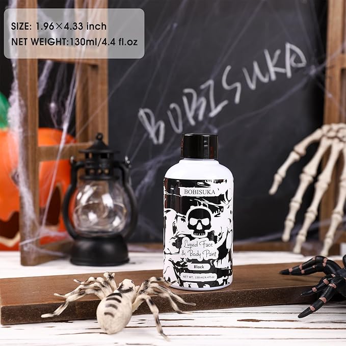 BOBISUKA Black Face Body Paint Liquid Texture Washable Non Toxic Facepaint Fast Drying Foundation Makeup for Halloween Clown Skeleton Skull Cosplay SFX Costume Party Large Capacity(130ml)