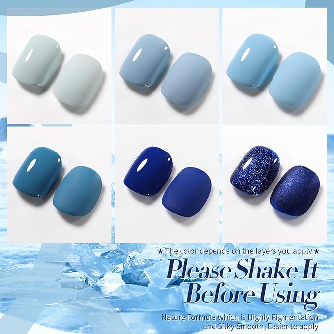 Born Pretty Blue Gel Nail Polish,Light Baby Sky Blue to Dark Navy Royal Shades 6 Colors Glitter Nail Gel Polish Kit Nail Art Manicure DIY Set Home and Salon Holiday Gifts