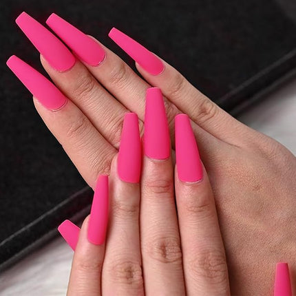 LoveOurHome 100pc Coffin Press on Nails Long Fake Nails Matte Full Cover False Nails Press ons Artificial Nail Medium Ballerina Fake Fingernail Hot Pink Presson on Nail Tips for Women Kids Girls