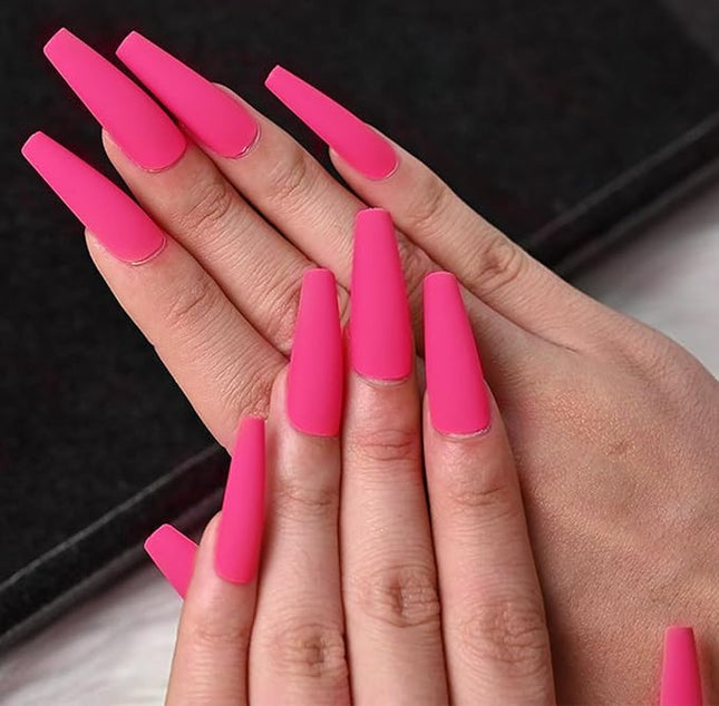 LoveOurHome 100pc Coffin Press on Nails Long Fake Nails Matte Full Cover False Nails Press ons Artificial Nail Medium Ballerina Fake Fingernail Hot Pink Presson on Nail Tips for Women Kids Girls