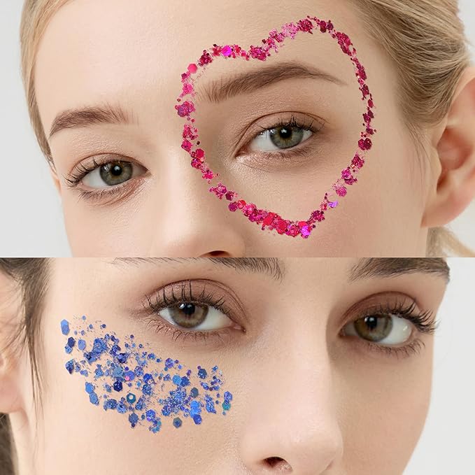 Teenitor 9 Color Face Glitter and 3 Gold Face Freckles Set - No Glue Needed Body Glitter Gel, Hair Glitter Festival Makeup for Parties, Halloween