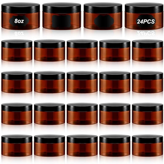 Dandat 24 Pcs 8 oz Plastic Jar Container with Lid and Label Refillable Empty Round Amber PET Cosmetic Sample Containers for Lotion, Cream, Ointments, Body Butter, Makeup, Travel Storage