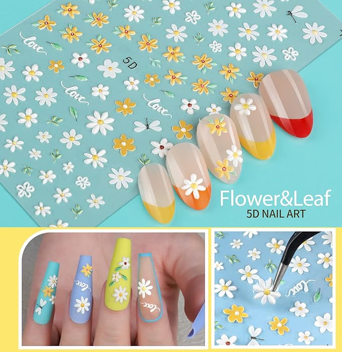 Teenitor 12 Sheets Nail Art Sticker Self-Adhesive, Flower Nail Stickers 5D Embossed Nail Decals, 5 Boxes Nail Glitter Sequins Flakes, Nail Art Design Tools Self Adhesive