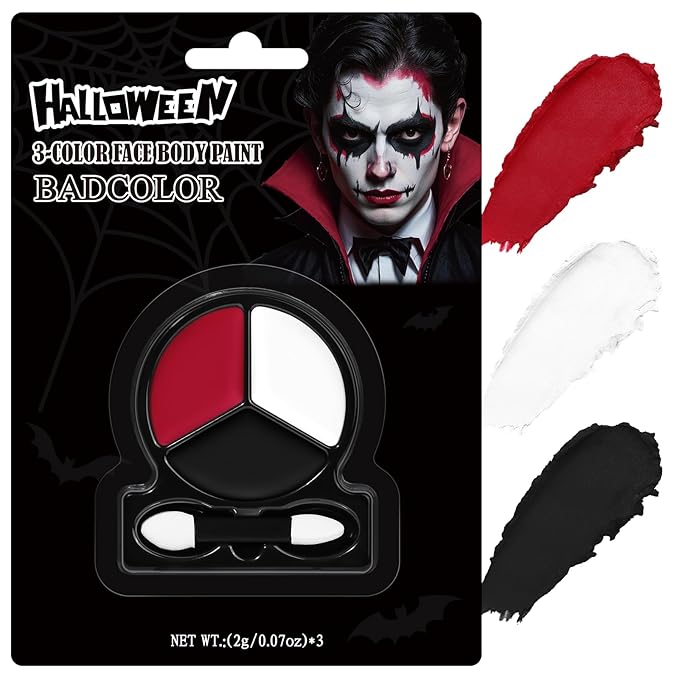 Black White Red Face Body Paint with Applicator, Oil Based Face Painting Kit for Halloween Clown, Vampire, Devil Makeup, Cosplay, Costume, Dress Up, SFX Special Effect, Theme Parties