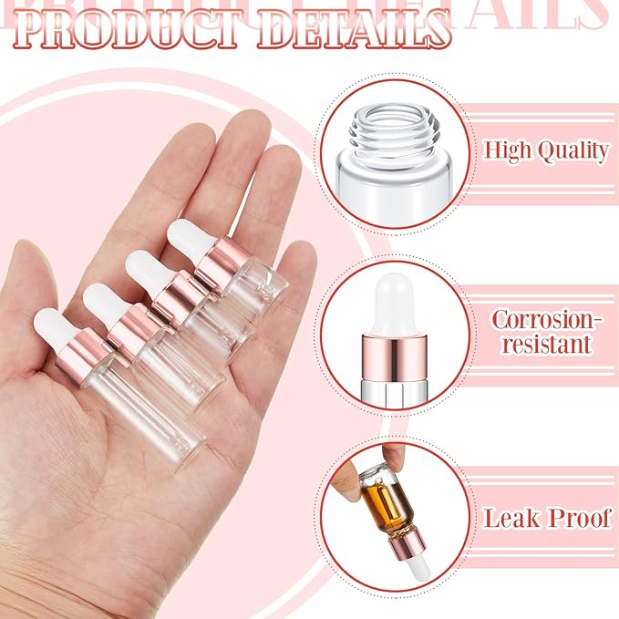 100 Pcs Mini Glass Oil Dropper Bottle Bulk, Clear Essential Small Empty Bottles Sample Containers Perfume Liquid Vials with Cap for Traveling (1ml,2ml,3ml,5ml,Rose Gold)