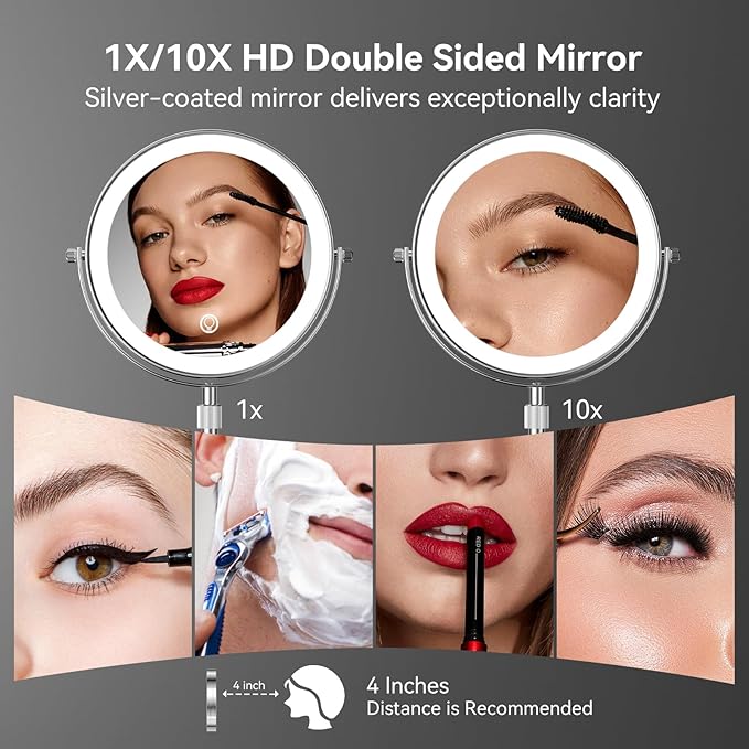 Nicesail LED Lighted Makeup Mirror Tabletop, 10X Magnifying Mirror with 3 Color Lights, Brightness Adjustable Height, Light up for Desk Make up Vanity Table, Double Sided Chrome Finish (8 Inch, 10X)