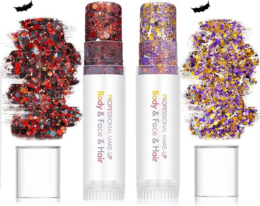 Body Glitter Stick Red Black Face Glitter Purple Gold Hair Glitter Halloween Face Paint Rave Makeup Glitter Festive Face Gems Christmas Fine Chunky Glitter Stick for Women Girls 2Pack