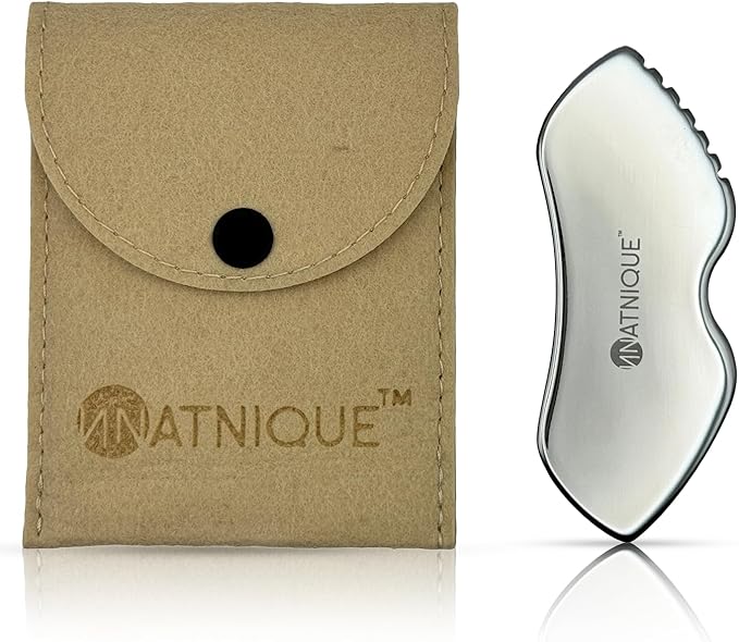 Stainless Steel Gua Sha Tool – Metal Face & Body Massage Tool for Sculpting, Puffiness, Fine Lines, Dark Circles & Cooling Relief – Board Shape with Travel Pouch