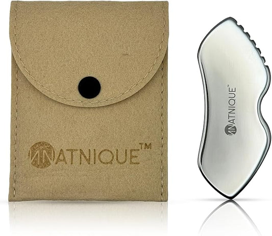 Stainless Steel Gua Sha Tool – Metal Face & Body Massage Tool for Sculpting, Puffiness, Fine Lines, Dark Circles & Cooling Relief – Board Shape with Travel Pouch