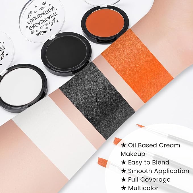 Orange Black White Oil Based Face Paint Kit with Painting Brushes, Professional Full Coverage Greasepaint for Adults Halloween Cosplay SFX Tiger Pumpkin Makeup Carnival Theater Stage