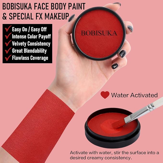 BOBISUKA Devil Red Face Body Paint, Water-Based Face Painting Kit & Body Paints, Kids Adults Facepaint for Halloween Demon Gothic Vampire La-Catrina SFX Makeup, Costume Cosplay Party Theater & Stage