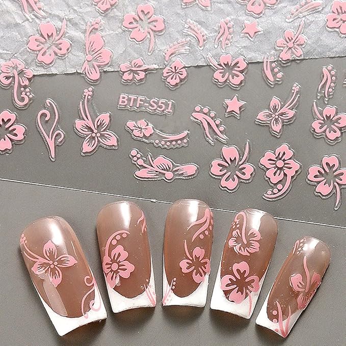 Dornail 8 Sheets 3D Colorful Flower Nail Stickers,Hollow White Hibiscus Flowers Nail Art Stickers Blooming Pink Hibiscus Floral Leaf Nail Decals for Women DIY Nail Art Supplies Nail Designs Nail Decor