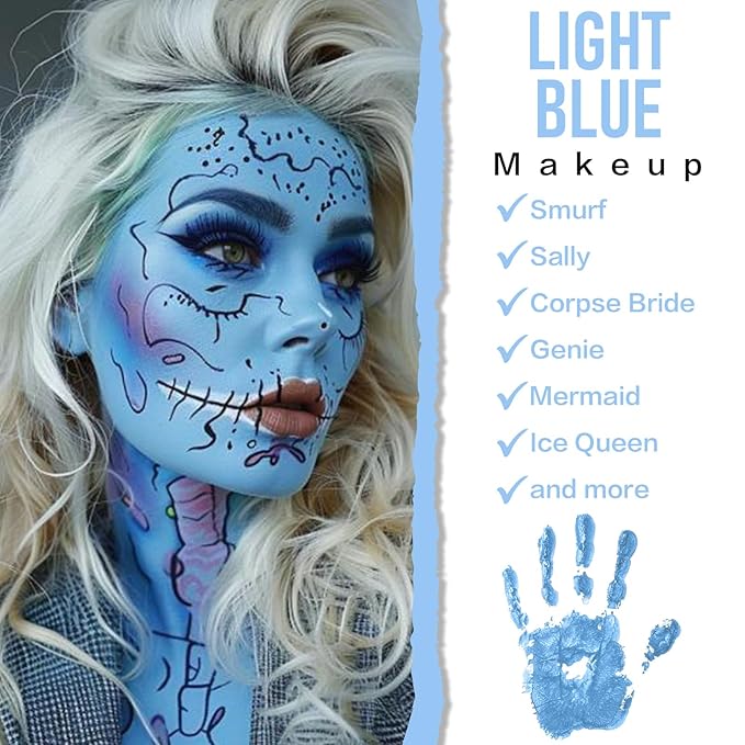 BOBISUKA Light Blue Face Body Paint, Water-Based Face Painting Kit & Body Paints, Kids Adults Facepaint for Halloween Sally Avatar Corpse Bride Smurf SFX Makeup, Costume Cosplay Party Theater & Stage