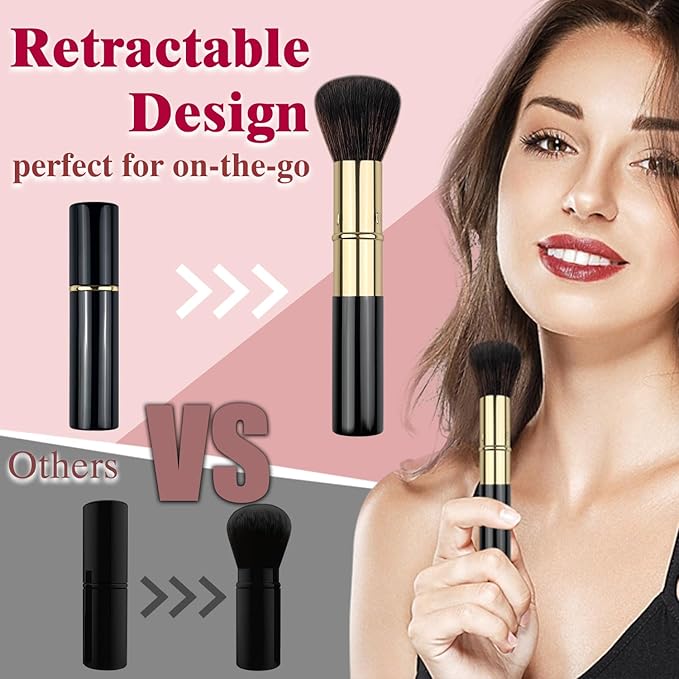 Retractable Kabuki Makeup Brushes 2 Pcs, Powder Brush/Foundation Brush/Blush Brush for Foundation, Powder Blush, Bronzer, Buffing, Liquid, Cream, with Cover