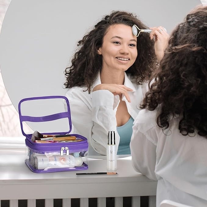 HAOGUAGUA Double Layer Clear Cosmetic Bag Makeup Bag, Waterproof Travel Toiletry Bag, Transparent PVC Pouch Organizer (Purple)