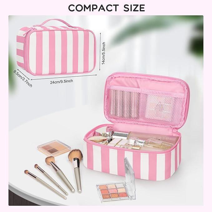 Relavel Travel Makeup Bag, Small Floral Cosmetic Bag with Makeup Brush Compartment, Portable Makeup Pouch for Women, Double Layer Makeup Organizer Bag Cute Toiletry Bag, Wide Strip