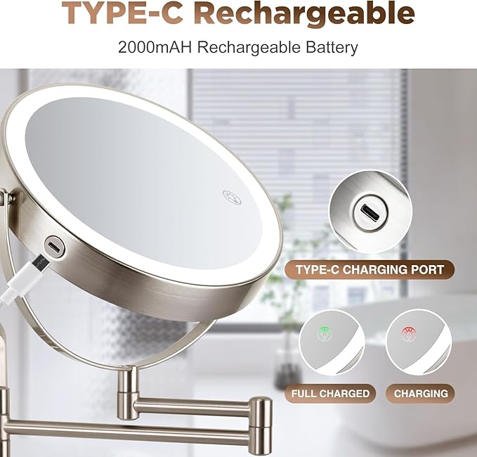 30X Wall Mounted Makeup Mirror with Lights,3 Color Modes Dimmable & Adjustable Double Side, Bathroom Vanity Makeup Mirror with 360 Rotation Extendable Swivel Arm,Magnifying Mirror - Brushed Nickel