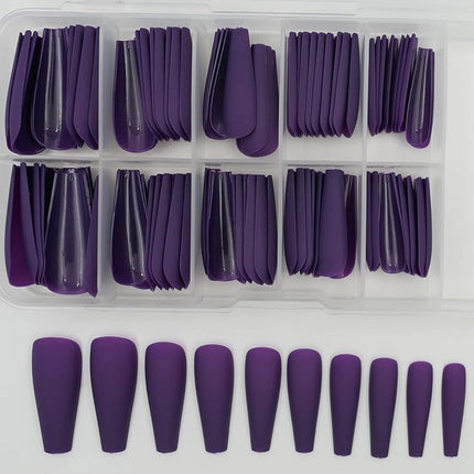 LoveOurHome 100pc Coffin Press on Nails Long Fake Nails Matte Full Cover False Nails Press ons Artificial Nail Medium Ballerina Fake Fingernail Violet Presson on Nail Tips for Women Kids Girls