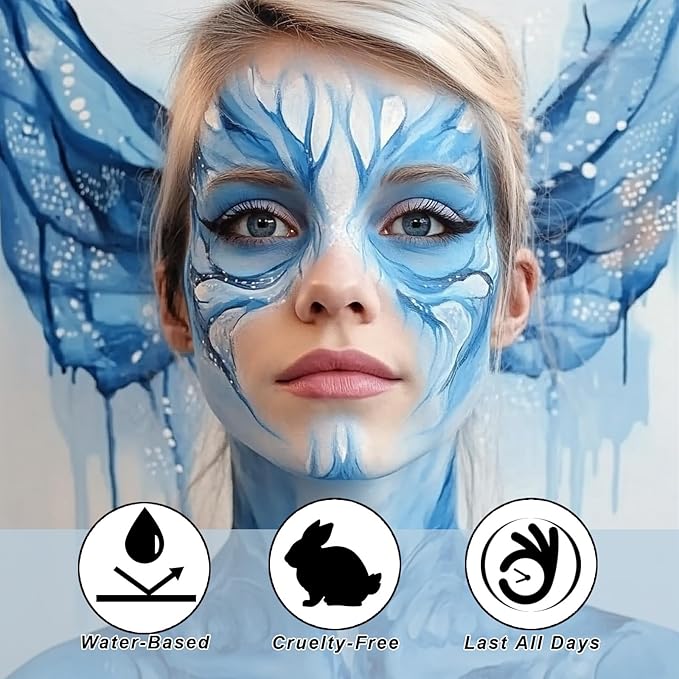 White Light Blue Face Body Paint 1.01/pc with 2 Sponges,Water Based Face Paint Kit for Corpse Bride Cosplay Sally Makeup,Halloween SFX Makeup Cream Face Painting,2.02 oz