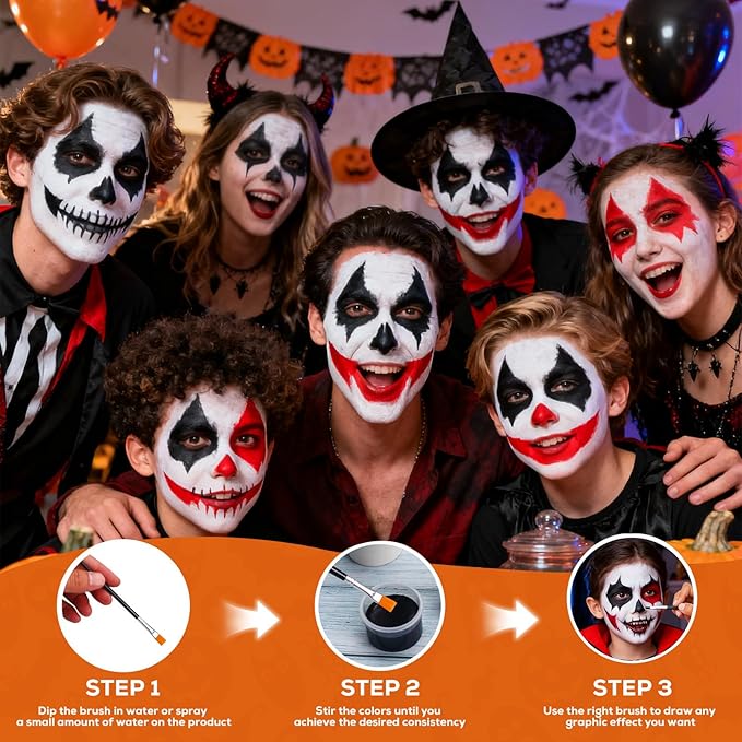 White Foundation + Black Red Face Body Paint for Halloween Makeup, Face Painting Kit with Brush, Skin-Friendly & Non-Toxic Face Paint Suitable for Cosplay Parties, Stage Plays, and Halloween Makeup
