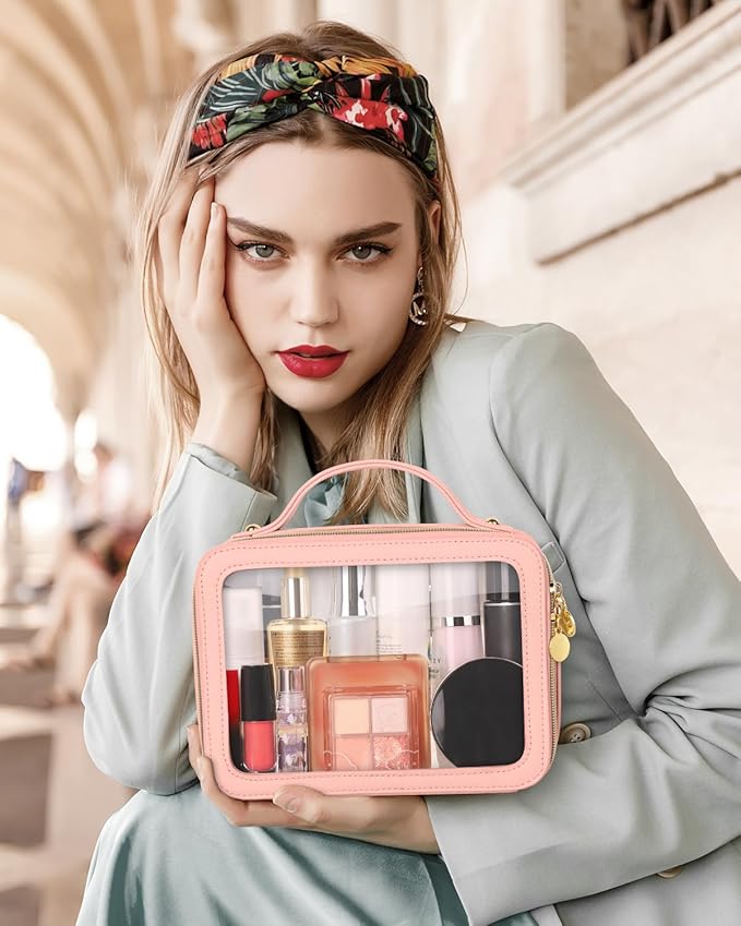 Clear Makeup Bag, Portable Travel Cosmetic Bags, Multipurpose Leather Toiletry Bag with Zipper, Waterproof Transparent Cosmetic Organizer for Women, Medium, Pink