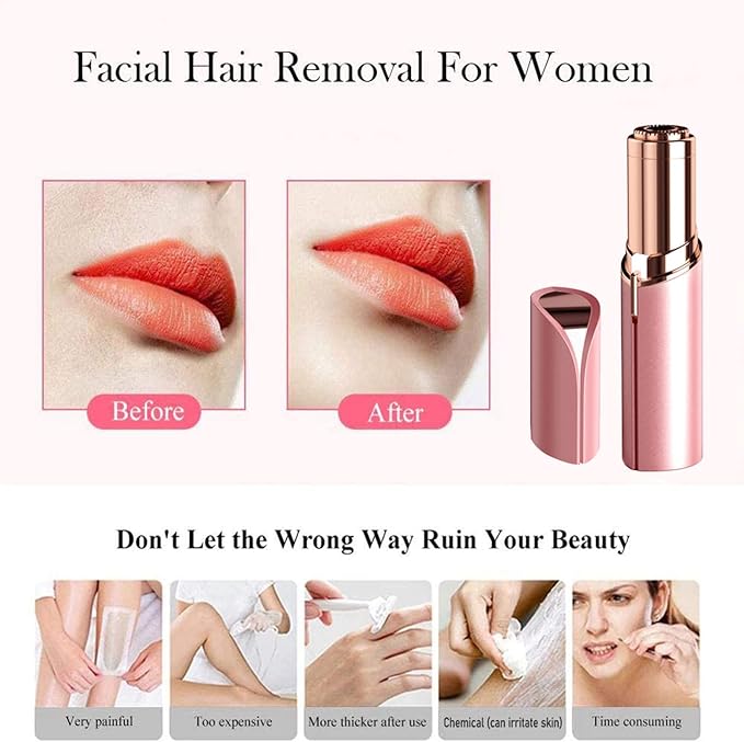 Facial Hair Removal for Women Painless Hair Remover, Waterproof Shaver Razor Hair Remover with LED Light for Face Bikini Peach Fuzz Upper Mustache Lip Chin (Rose Gold)