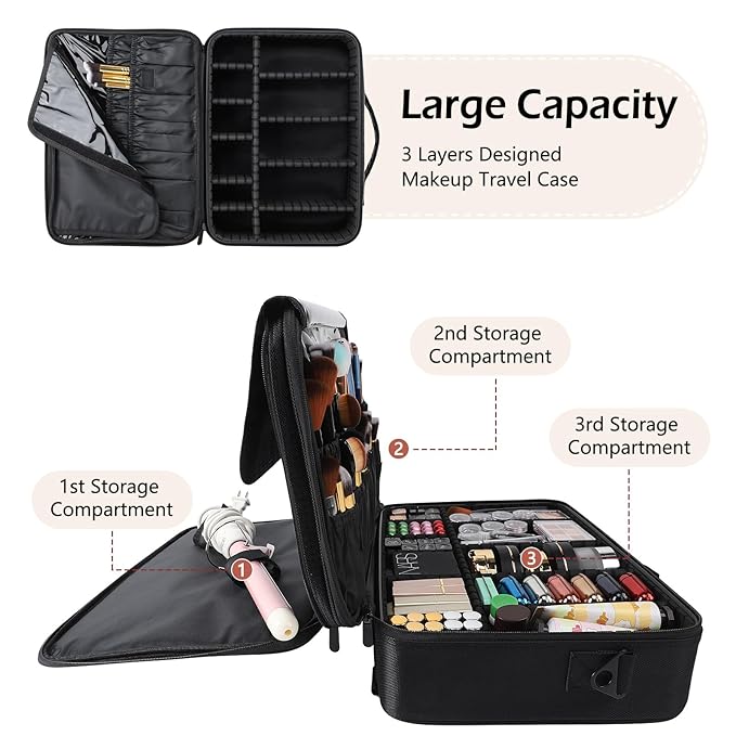 gzcz Large Capacity Travel Makeup Train Case,Professional Cosmetic Bags for Women,Portable Makeup Brush Bag Organizer Storage with Adjustable Dividers and Shoulder Strap