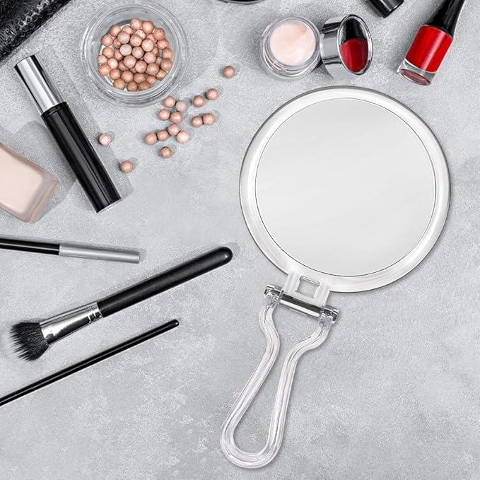 Double Sided Hand Held Mirror - 1X & 7X Magnifying Handheld Makeup Mirror with Adjustable Folding Handle, Portable, Transparent & Round (6")