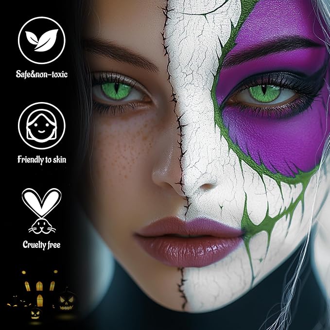 White Green Purple Face Body Paint with Applicator, Oil Based Face Painting Kit for Halloween Dark Fairy, Evil Queen Makeup, Facepaints for Witch Monster Costume, Cosplay, Dress Up