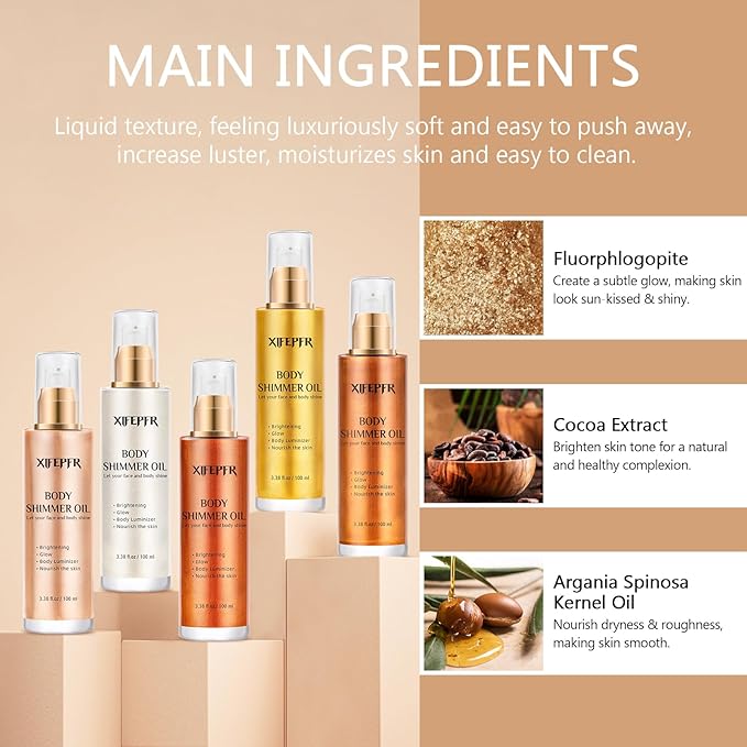 Body Shimmer Oil, Golden Brown Luminizer Face Highlighter Liquid Illuminator with Makeup Brush, Long Lasting Moisturizing Glitter Oil for Makeup